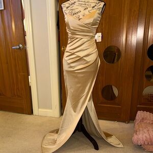 Elegant Gold Strapless Evening Gown Designed by Windsor